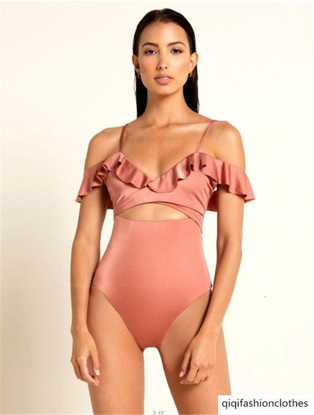 

2020 cut out solid color ruffle open back triangle one piece swimsuit for women, White;black