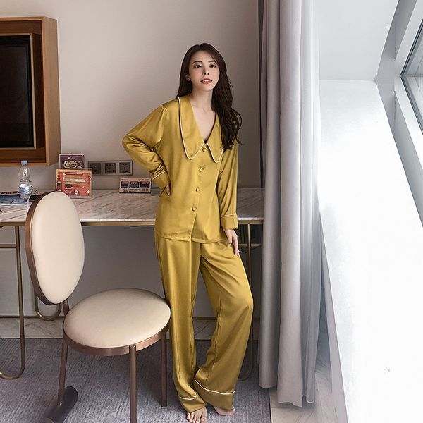 

2021 new women's autumn spring pajamas sets plus size solid sleepwear female v neck long sleeve silk single breasted nightwear rc4t, Black;red