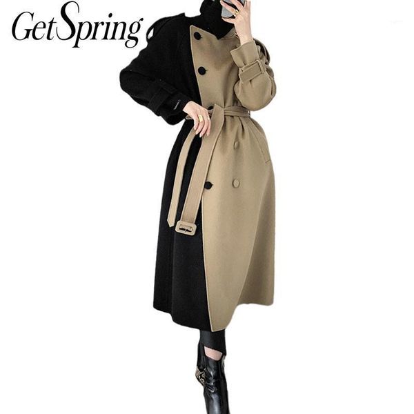 

getspring women woolen coat temperament winter woolen jacket patchwork lace up black outwear loose long overcoat autumn 2020 new1