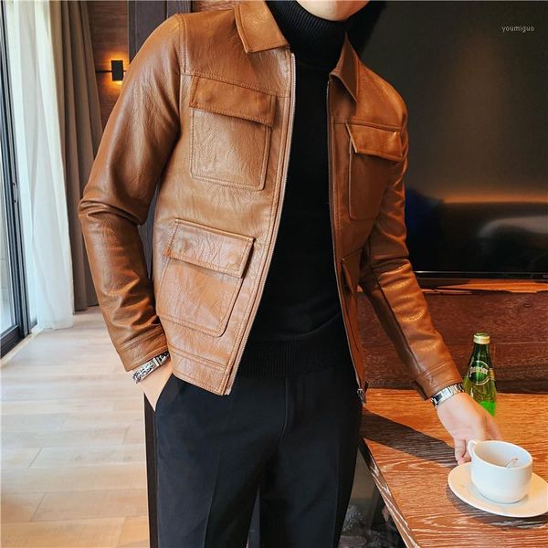 

fashion 2020 korean slim fit turn down collar multi pockets pu leather jackets men clothing streetwear long sleeve casual coats1, Black