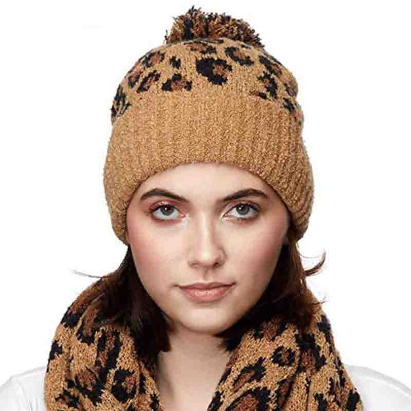 

women winter warm knitted cuffed beanie hat vintage leopard jacquard cute big pompom casual outdoor snow ski stretch skull cap, Blue;gray