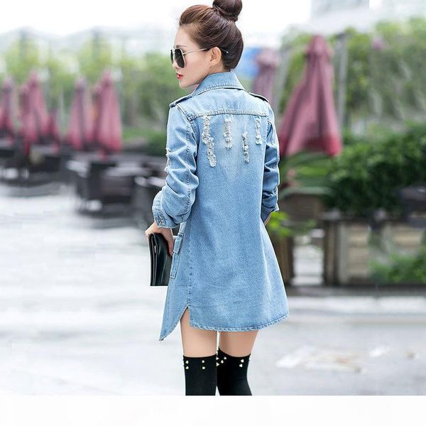 

bomber basic women denim jacket 2018 spring autumn new long section lapel hole retro wear jeans jacket female coat mujer lj243 s18101201, Black;brown