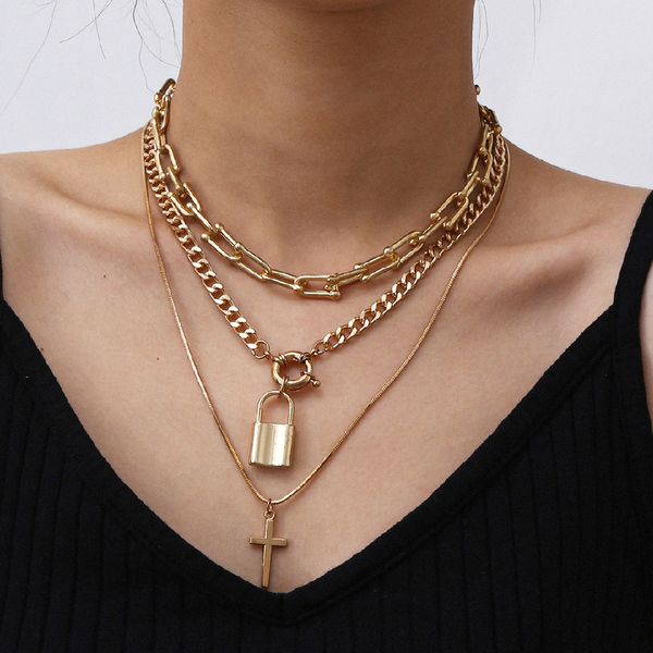 

chokers 3pcs/set u-shape chain lock & cross pendant necklace for women thick set valentine gift charm jewelry, Golden;silver