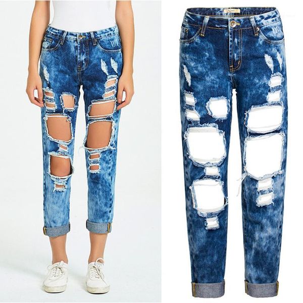 

women hole ripped jeans loose casual boyfriend jeans for women pure cotton distressed bleached vintage denim pants trousers 20201, Blue