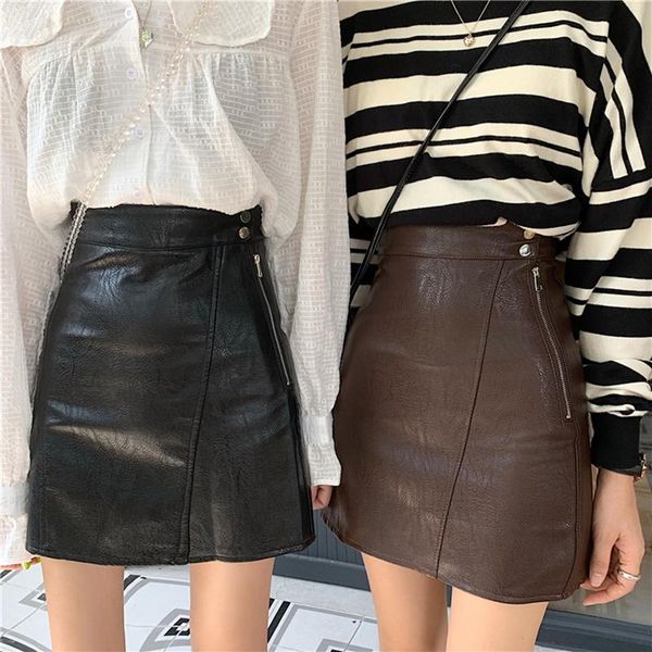 

casual a-line solid women korean skirt vintage pu leather mini package hip skirts vogue button above knee high waist skirts, Black