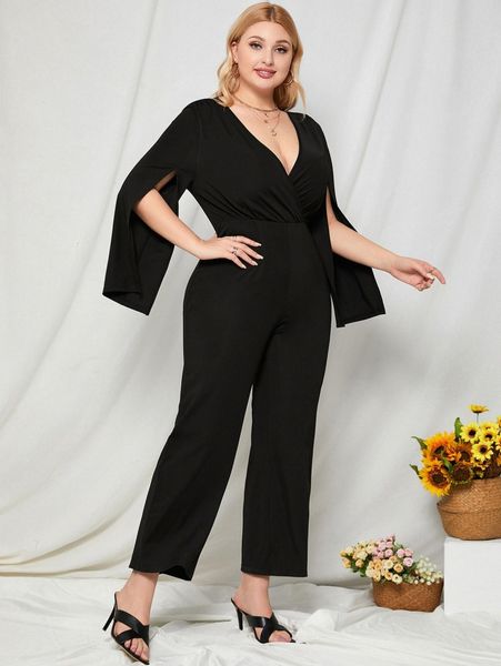 

plus slit sleeve overlap collar jumpsuit 09ov#, Black