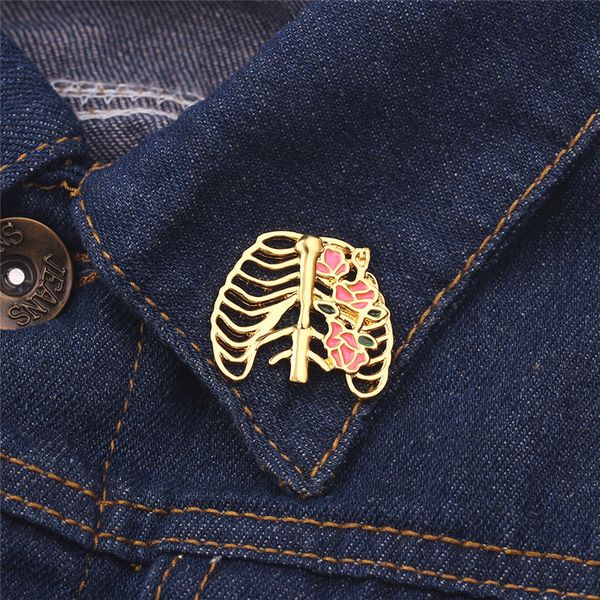 

wholesale 10pcs / lot creative human rib metal men and women brooch aesthetics personality popular punk badge gold color jewelry 201009, Gray