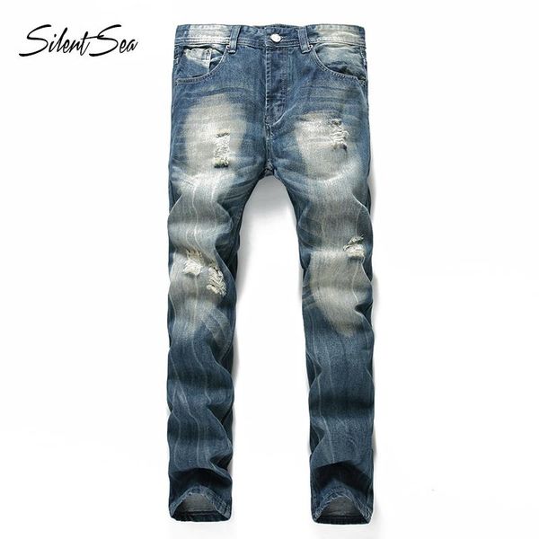 

silentsea fashion streetwear mens jeans stretch destroyed ripped design fashion pencil pants hole skinny jeans for men, Blue