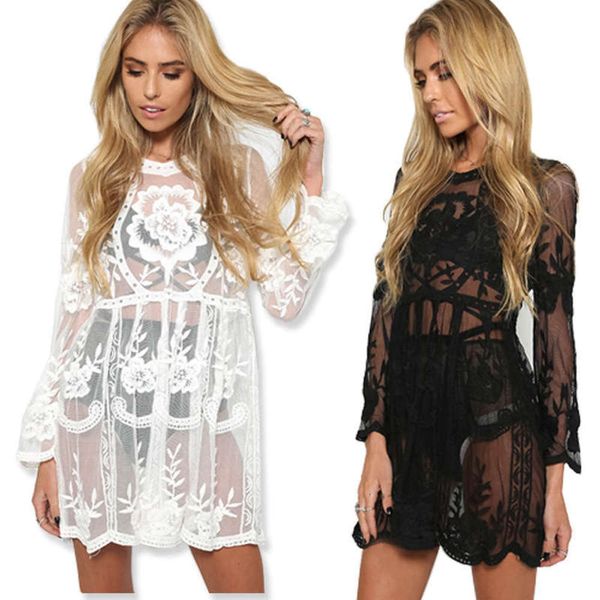 

trumpet embroidery bohemian sleeve lace perspective dress beach skirt, Black;gray