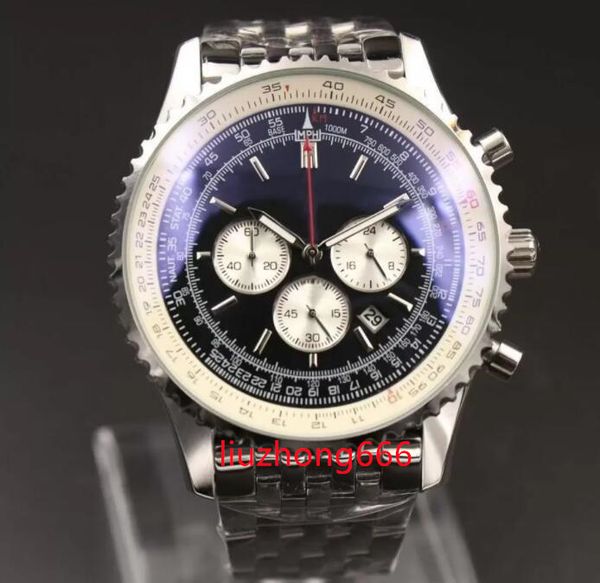 

new watch montbrillant quartz chronograph 46mm black dial 316l silver steel strap solid mens sports, Slivery;brown