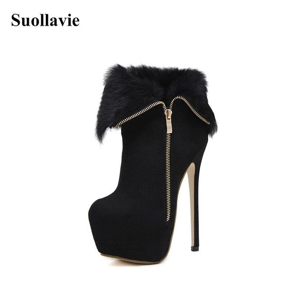 

boots suollavie 2021 winter women boot fur warm shoes fashion zipper ankle woman platform botas mujer, Black