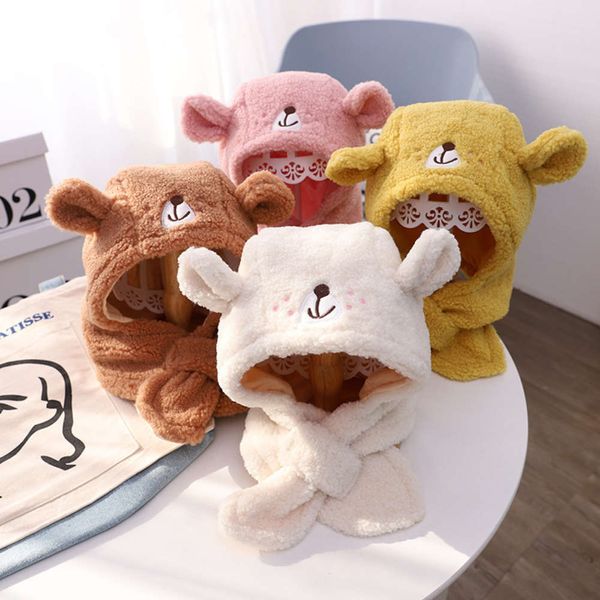 

winter autumn and children's warm 1-4 year pullover old cartoon bear baotou scarf integrated hat set ear protection, Red;brown