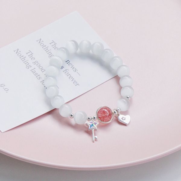 

natural white cat's eye stone strawberry bracelet women's pure silver girl's heart ins style bracelet crystal strawberry crys, Golden;silver