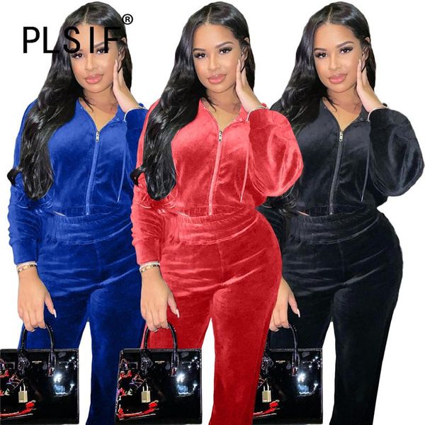 

fall winter velvet tracksuit long sleeve 2 pieces clothes suit and long pant matching set, Gray