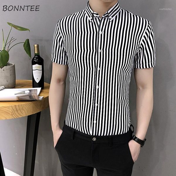

shirts men striped shirt summer short sleeve breathable mens casual slim fit single breasted breathable fashion chic1, White;black
