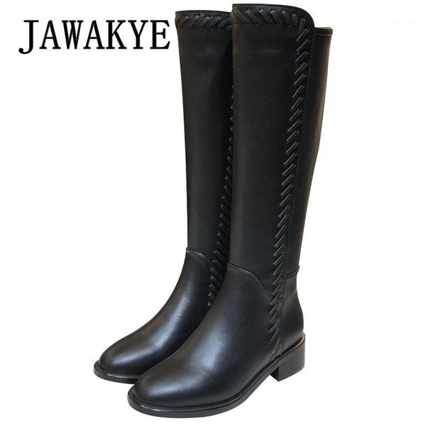 

black leather knee high boots winter women's round toe flat heel long boots round toe side zipper braid leather bordered shoes1