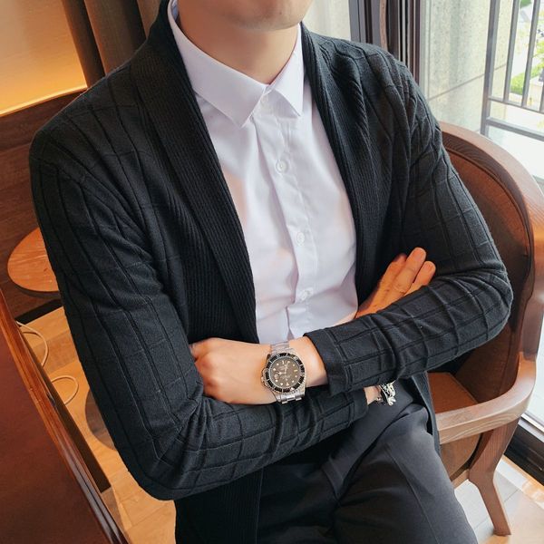 

2020 autumn korean male mid-length solid lapel nightgown hombre crochet cardigan fine jacket fashion the hombres shelters 32ny, White;black
