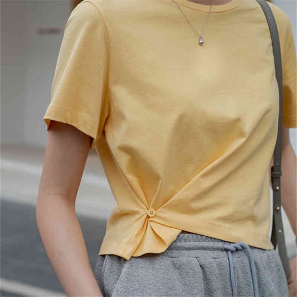 

summer crop women t shirts streetwear short sleeve loose female t-shirts casual o neck button, White