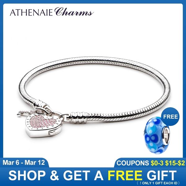 

athenaie 925 sterling silver love snake chain charms bracelet & bangle with cz lock of heart clasp fit women wedding y19051002, Golden;silver