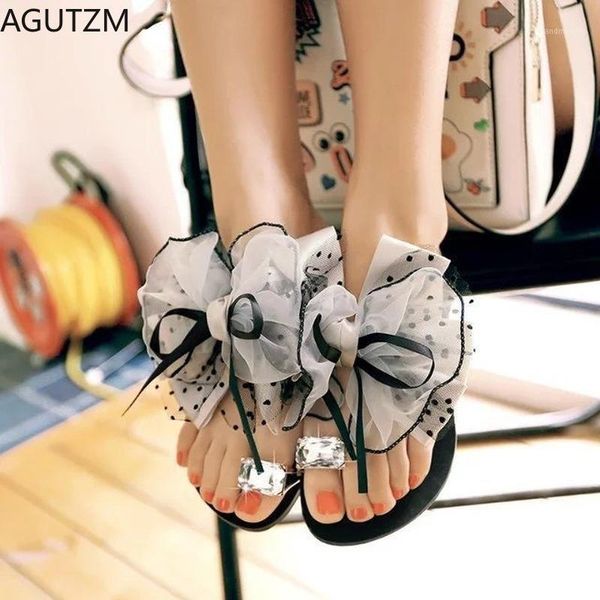 

slippers 2021 summer style sweet fashion bow man-made diamond toe covering women's shoes flat heel large size slippers1, Black