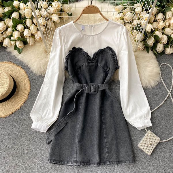 

2021 new singiny chic splice denim girl sweet puff solid neck office retro autumn fashion a-line dress niq3, Black;gray
