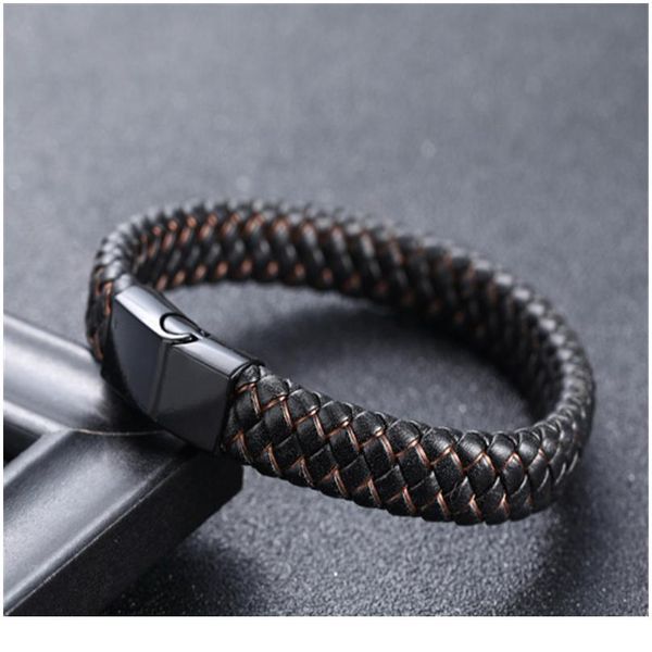 

new men jewelry punk black blue braided leather bracelet for men stainless steel magnetic clasp fashion bangl wmttbd, Golden;silver