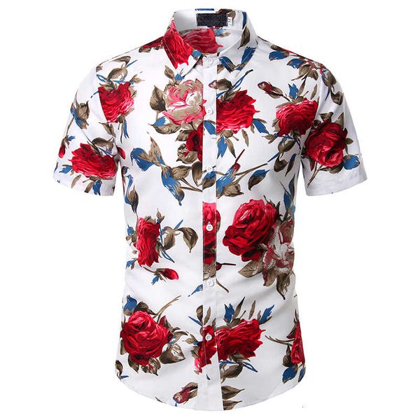 

men's short sleeve short-sleeved men rose printed design shirt, White;black