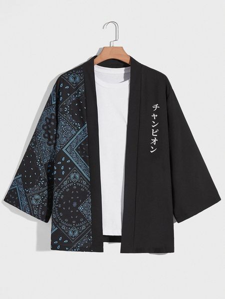 

men japanese letter & scarf print kimono without tee p7fl#, White;black