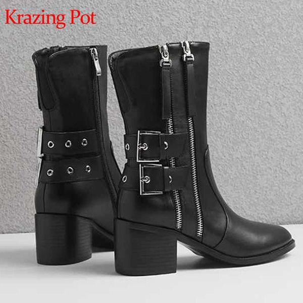

krazing pot 2020 genuine leather zipper punk handsome metal belt buckle charming round toe thick high heels mid-calf boots l03, Black