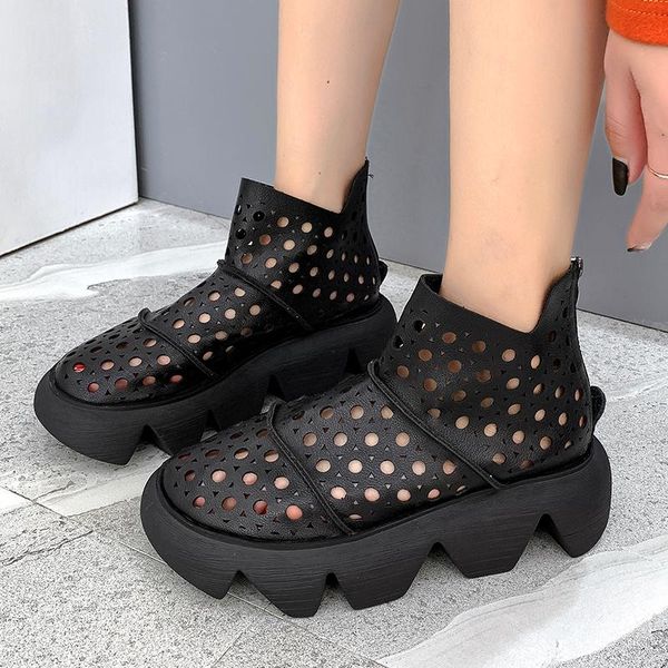 

2021 fashion ladies sandals hollow-out gladiator sandals women flat shoes closed toe faux leather summer cool breathable boots, Black