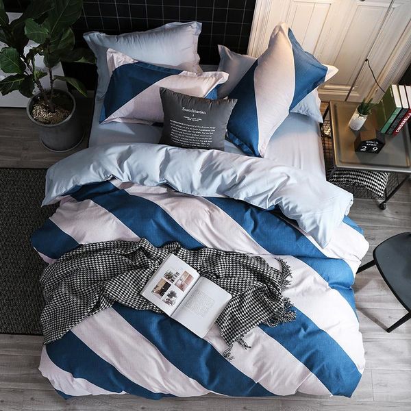 

nordic simple 3pcs bedding set 240x220 king size plaid strip duvet cover with pillowcase single double  size bed sets