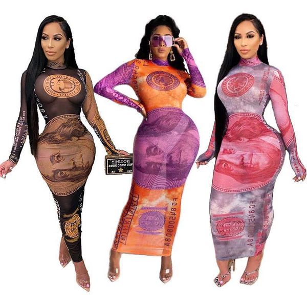 

women new fashion long sleeve printed mesh transparent maxi dress