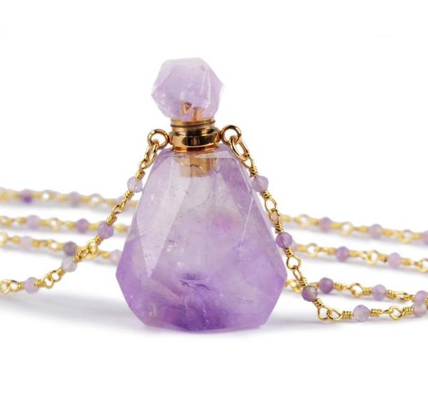 

perfume bottle multi-kind natural stone essential oil bottles white quartz amazonite amethysts 26" women neck bbyiyp bde_home, Silver