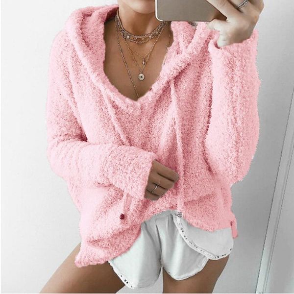 

2021 autumn women casual mohair hooded pullovers v neck fleece hoodies fashion sweet loose warm winter mohair, Black