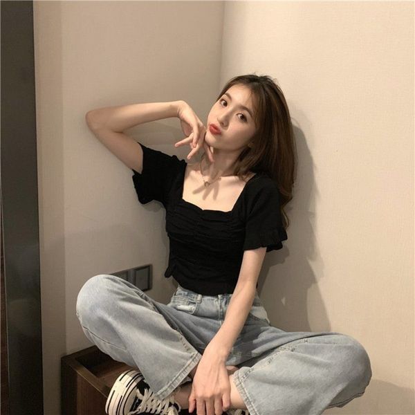 

футболка-рубашка с высоким w0xie женской и шорты 2020 лето новый французский квадратный воротник с коротким рукавом трикотаж мода тонкий кор, White