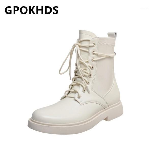 

boots gpokhds 2021 women ankle cow leather winter short plush round toe lace-up low heels female riding size 391, Black