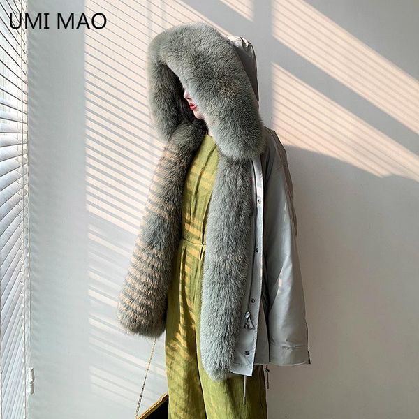 

women's fur & faux umi mao 2021 winter real natural collar mid-length coat with detachable liner hooded casual loose pink outwear, Black