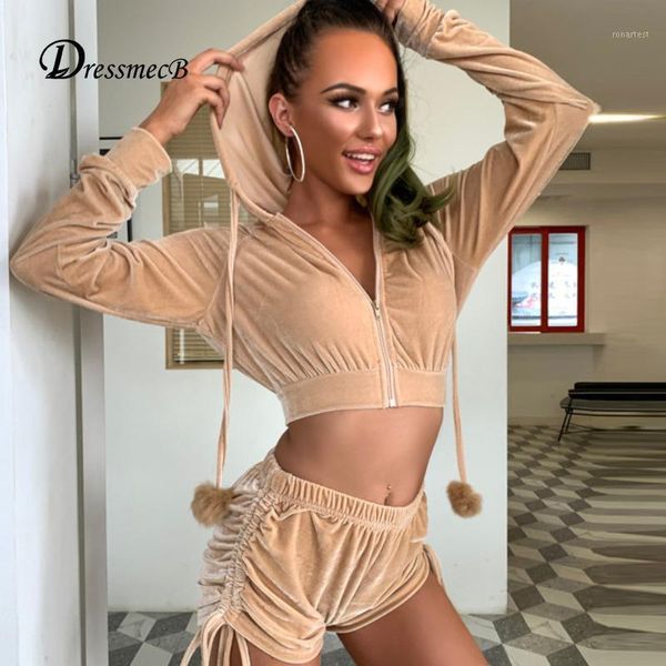 

dressmecb solid hoodie velvet two piece set women tracksuit long sleeve crop shorts two piece set women female outfits 20201, Gray