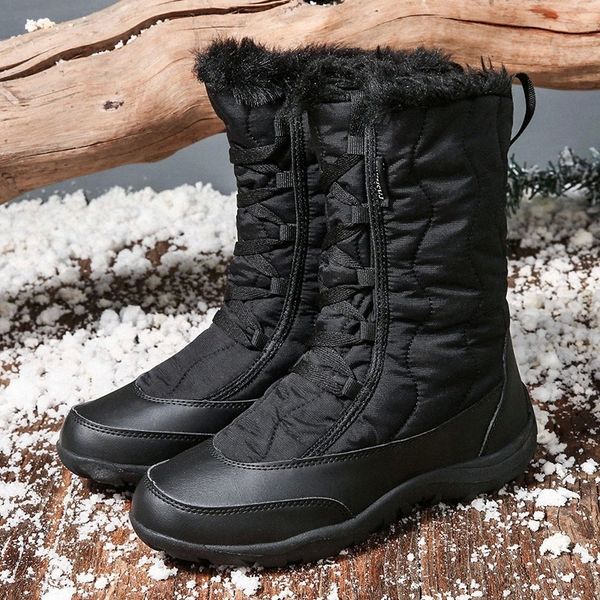 

outdoor snow boots women winter waterproof non-slip new cotton boots warm women's shoes in the tube plus velvet thick waterproof #ge4a, Black