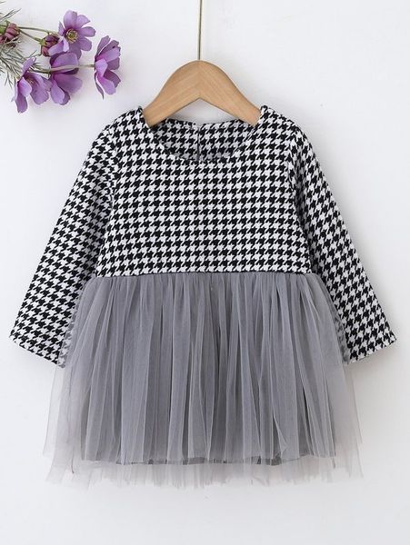 

baby houndstooth mesh overlay wool-mix dress she, Red;yellow