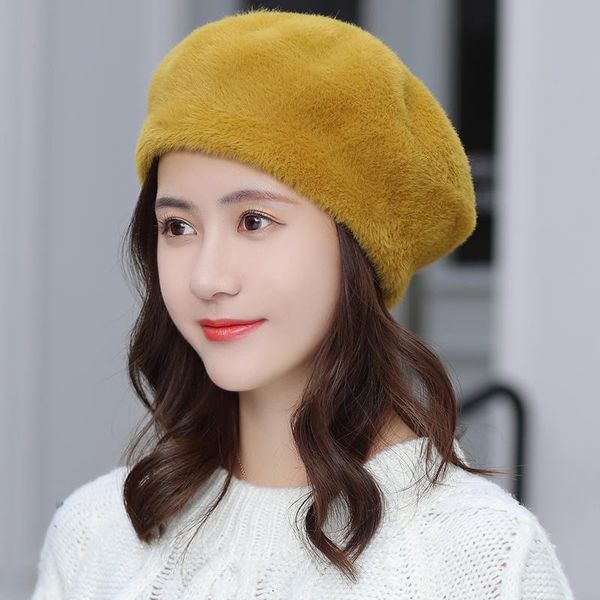 

простые женщины шерсти кролика вязаные береты шапки повседневный сплошной цвет осени девушка зима hat женский bonnet caps boina feminino jll, Black;white