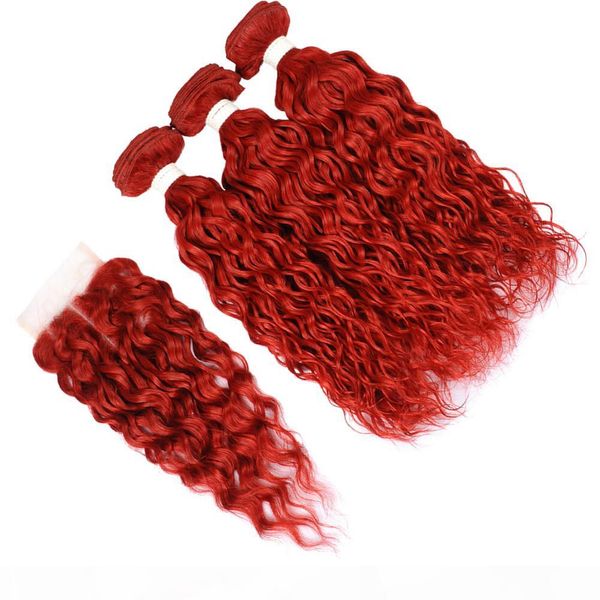

pure red malaysian human hair bundles wet and wavy with closure bright red water wave virgin hair lace closure piece 4x4 with weaves, Black