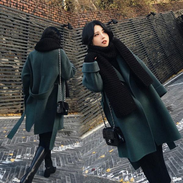 

office lady свободные женщины длинные зимние шерстяные смесистые пальто очаровательный воротник сплошная шерстяная пальто и куртка открытая, Black