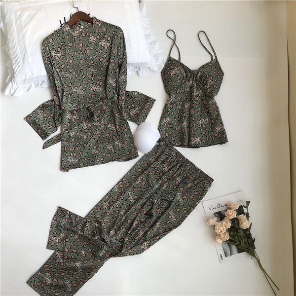 

july's song woman spring pajamas set 3 pieces satin faux silk leopard printing sleep sleepwear autumn sling long pants homewear t200612, Black;red