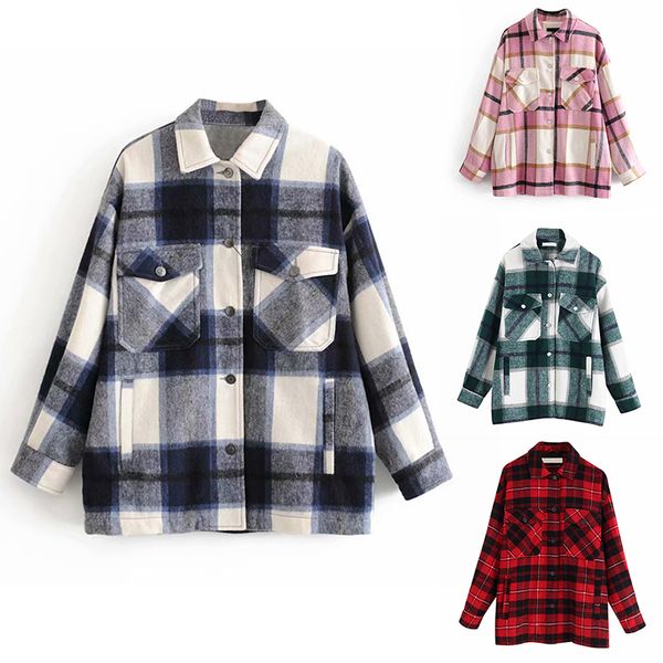

plaid overshirt wool blend jacket check lapel collar long sleeve coat women oversized pockets with flaps button jackets 201023, Black;brown