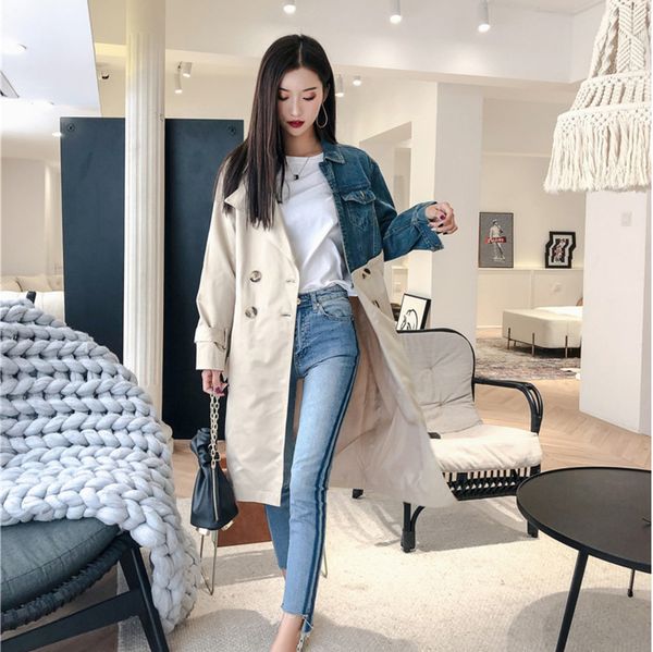 

ewq] 2020 spring autumn fashion long sleeve v-collar double breasted denim patchwork casual long loose windbreaker women ac431 1028, Tan;black