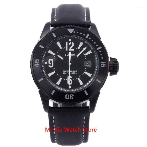 

bliger 43mm miyota automatic mechanical watch men luxury luminous waterproof pvd case leather strap calendar wristwatches men1, Slivery;brown