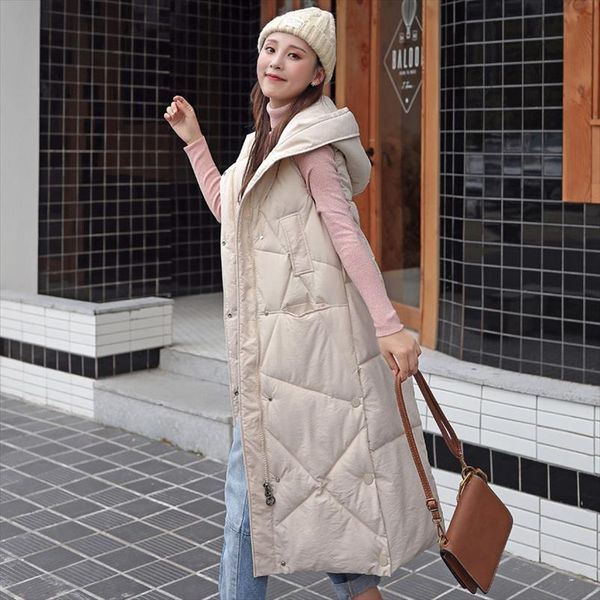 

2020 new womens autumn winter korean loose warm thick cotton padded vests female hooded sleeveless outwear long waistcoat, Black;white