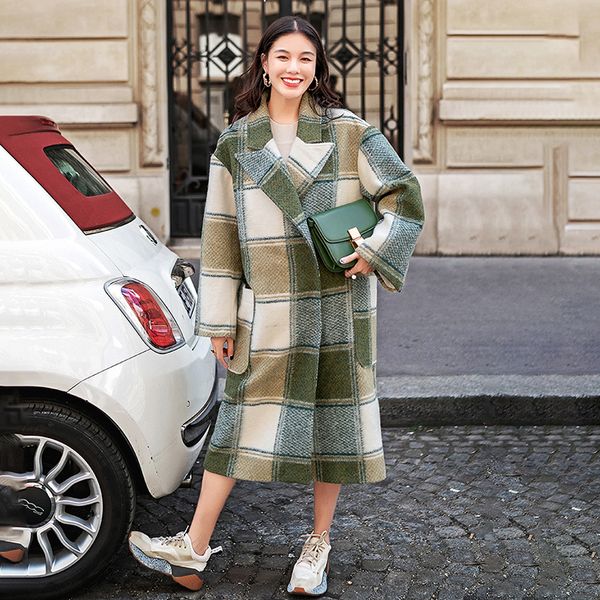 

2021 new women's coat winter wool new long loose suit matcha green cashmere quality goatee female jacket y188 zfor, Black