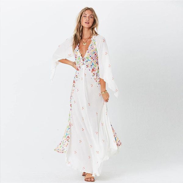 

casual white geometric print maxi dress summer 2020 flare sleeve v neck gyspy boho long dress women button bohemian beach dress, Black;gray